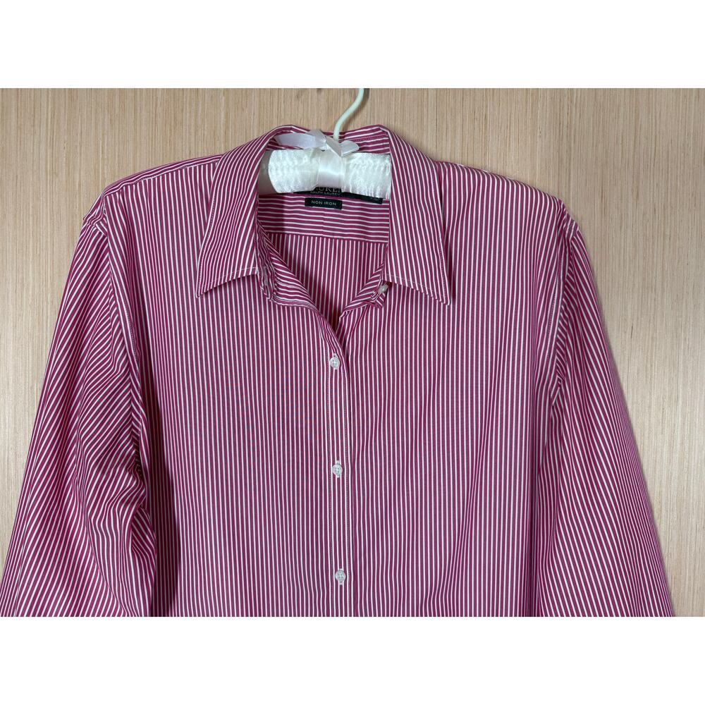 Lauren Ralph Lauren Non Iron Striped Button Up Top XXL Cotton Dark Pink White - Picture 2 of 10
